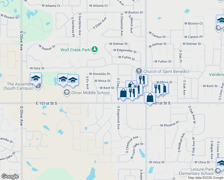 map of restaurants, bars, coffee shops, grocery stores, and more near 3305 South Dogwood Avenue in Broken Arrow