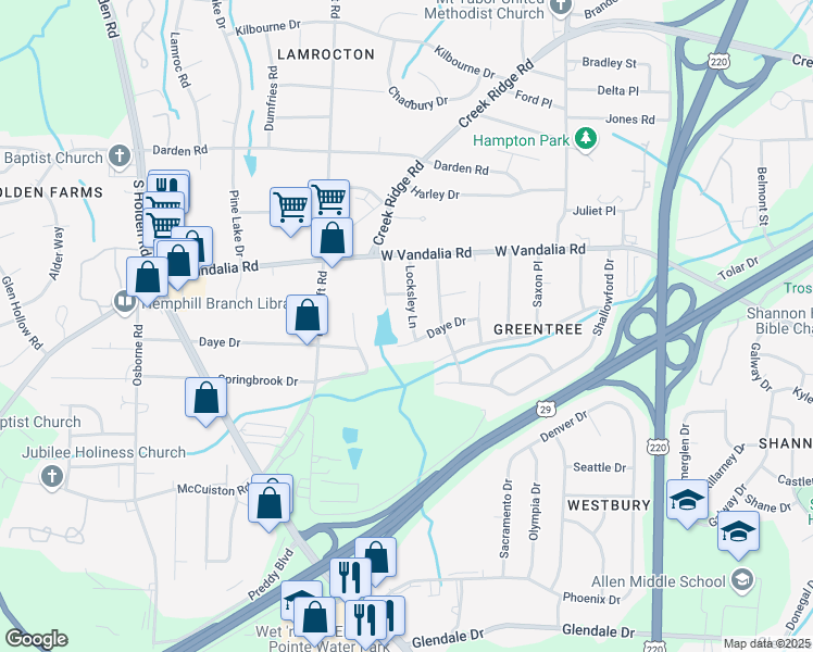 map of restaurants, bars, coffee shops, grocery stores, and more near 3020 Locksley Lane in Greensboro