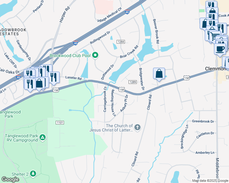 map of restaurants, bars, coffee shops, grocery stores, and more near 150 McKnights Trce in Clemmons