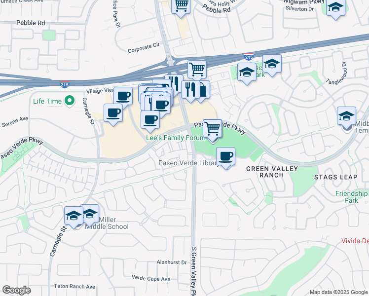 map of restaurants, bars, coffee shops, grocery stores, and more near 251 South Green Valley Parkway in Henderson