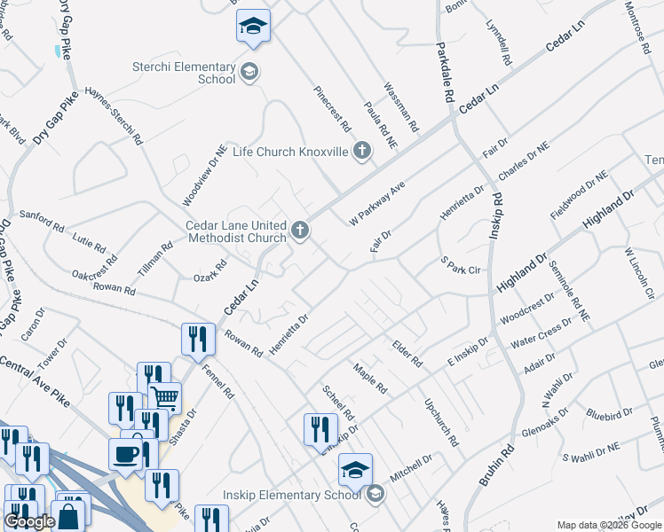 map of restaurants, bars, coffee shops, grocery stores, and more near 5024 Willoway Drive in Knoxville