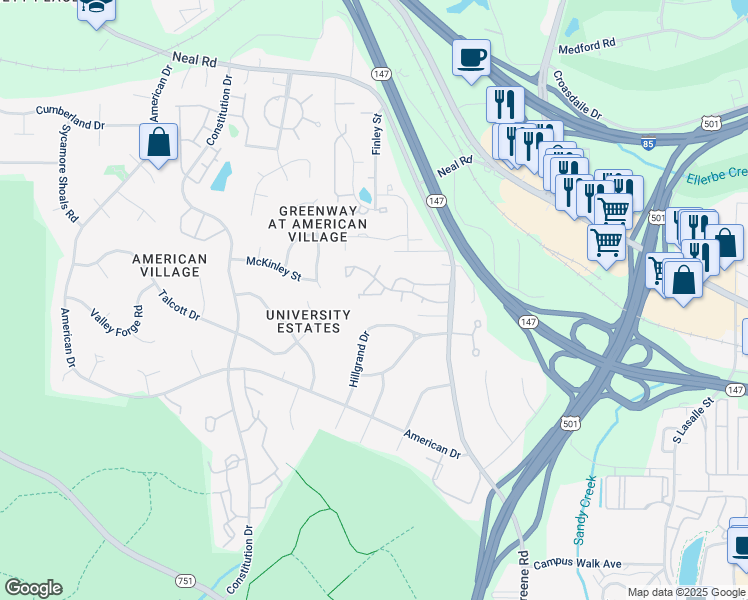 map of restaurants, bars, coffee shops, grocery stores, and more near 56 Forest Oaks Drive in Durham