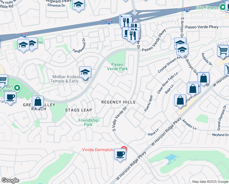 map of restaurants, bars, coffee shops, grocery stores, and more near 253 Mesquite Ridge Lane in Henderson
