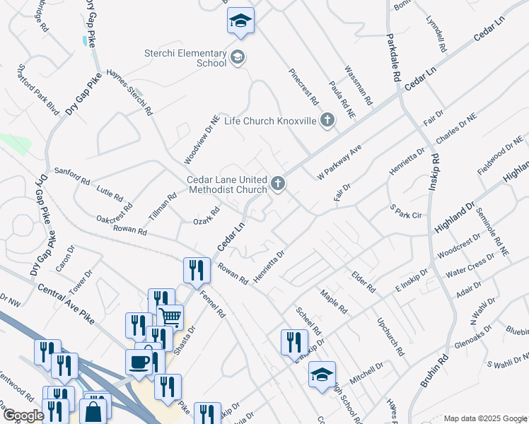map of restaurants, bars, coffee shops, grocery stores, and more near 714 Cedar Lane in Knoxville