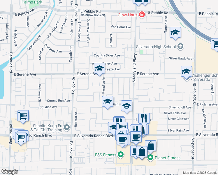 map of restaurants, bars, coffee shops, grocery stores, and more near 1036 East Shadow Pool Court in Las Vegas
