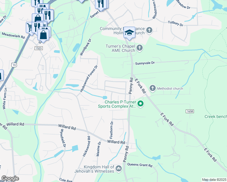 map of restaurants, bars, coffee shops, grocery stores, and more near 3913 Cloverwood Meadow Lane in High Point