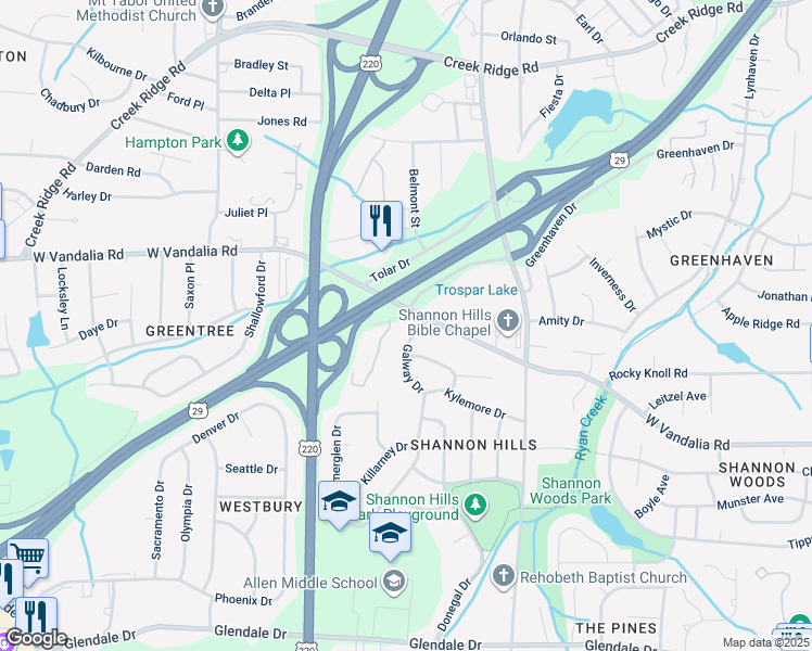 map of restaurants, bars, coffee shops, grocery stores, and more near 3902 Galway Drive in Greensboro