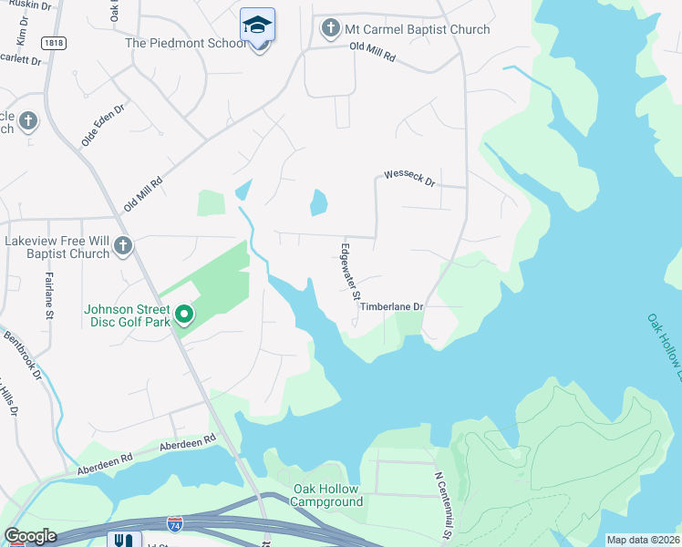 map of restaurants, bars, coffee shops, grocery stores, and more near 3831 Edgewater Street in High Point