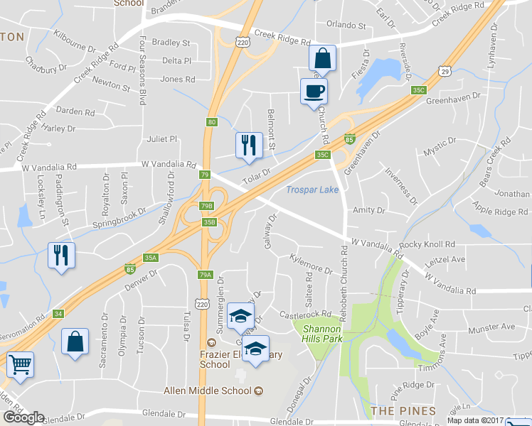 map of restaurants, bars, coffee shops, grocery stores, and more near 3902 Galway Drive in Greensboro