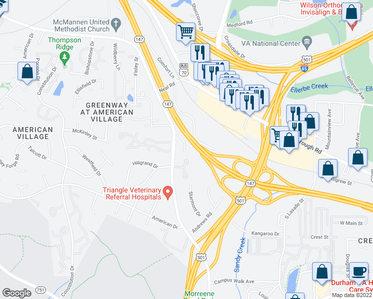 map of restaurants, bars, coffee shops, grocery stores, and more near 301 Morreene Road in Durham