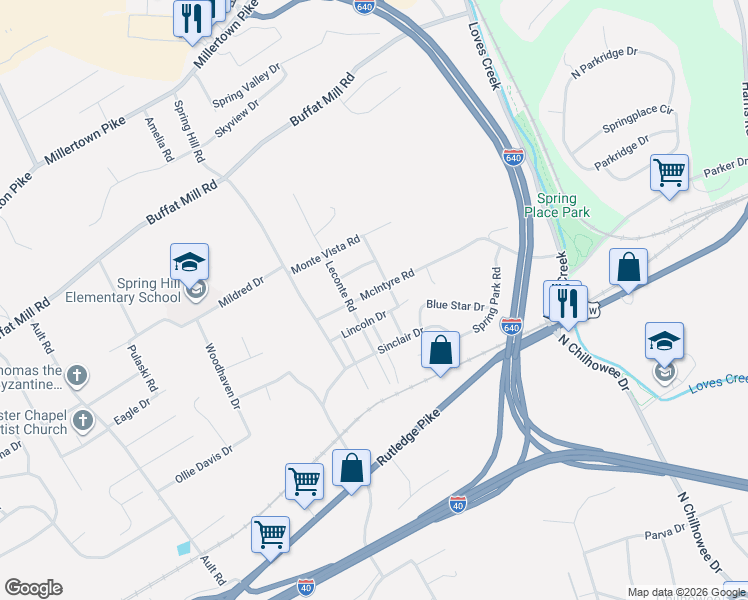 map of restaurants, bars, coffee shops, grocery stores, and more near 5100 McIntyre Road in Knoxville
