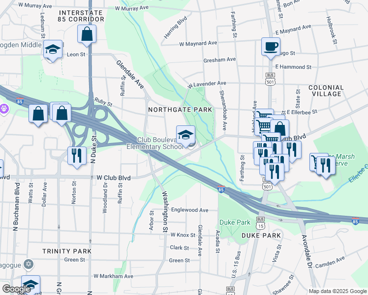 map of restaurants, bars, coffee shops, grocery stores, and more near 400 West Club Boulevard in Durham
