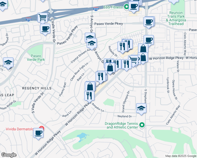 map of restaurants, bars, coffee shops, grocery stores, and more near 1679 Clovercrest Court in Henderson