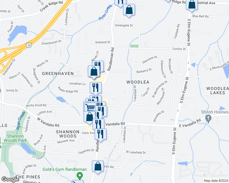 map of restaurants, bars, coffee shops, grocery stores, and more near 312 Apple Ridge Road in Greensboro
