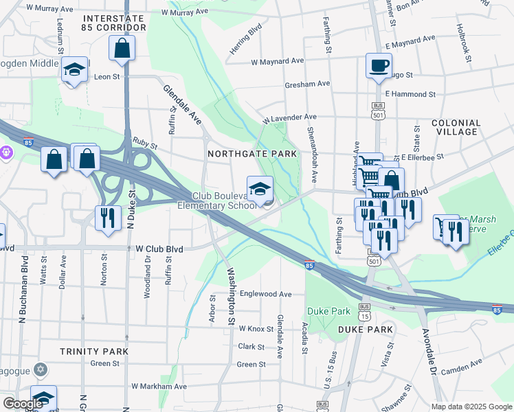 map of restaurants, bars, coffee shops, grocery stores, and more near 400 West Club Boulevard in Durham