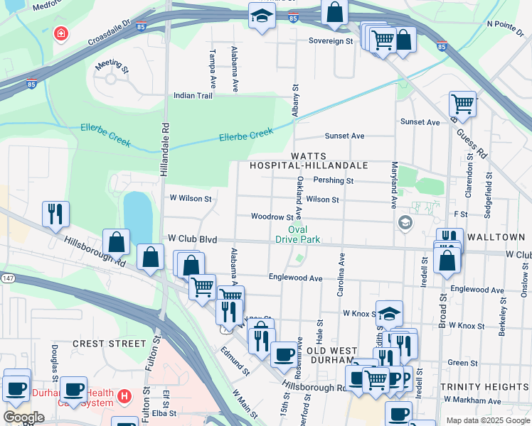 map of restaurants, bars, coffee shops, grocery stores, and more near 1307 Virginia Avenue in Durham