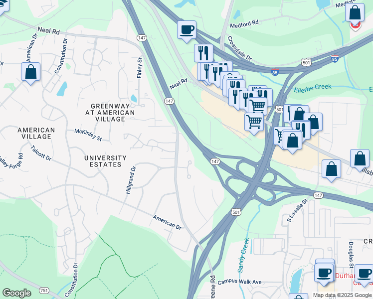 map of restaurants, bars, coffee shops, grocery stores, and more near 309 Morreene Road in Durham