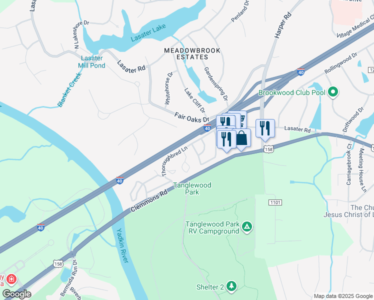 map of restaurants, bars, coffee shops, grocery stores, and more near 3904 Westridge Meadow Circle in Clemmons