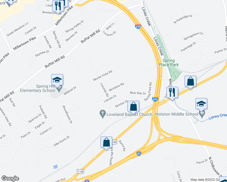 map of restaurants, bars, coffee shops, grocery stores, and more near 5100 McIntyre Road in Knoxville