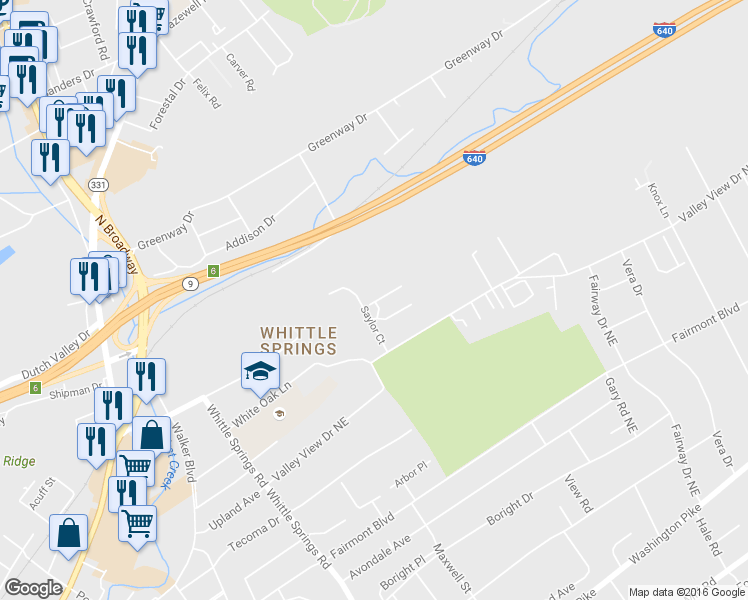 map of restaurants, bars, coffee shops, grocery stores, and more near 3211 Misty Hill Way in Knoxville