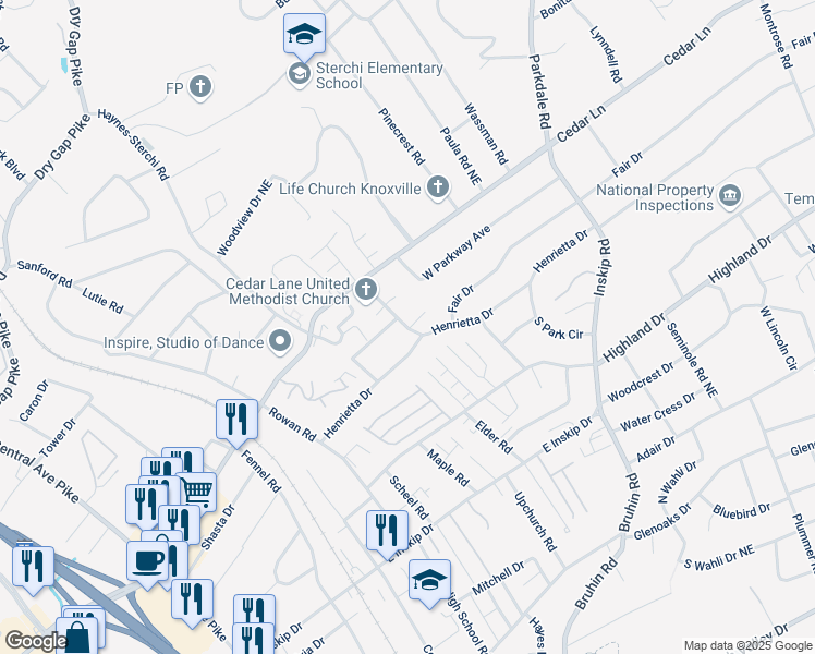 map of restaurants, bars, coffee shops, grocery stores, and more near 5024 Willoway Drive in Knoxville