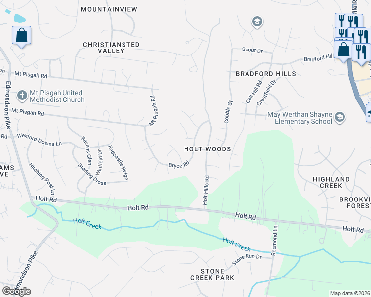 map of restaurants, bars, coffee shops, grocery stores, and more near 1709 Bryce Court in Nashville