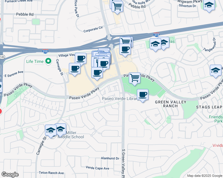 map of restaurants, bars, coffee shops, grocery stores, and more near 251 South Green Valley Parkway in Henderson
