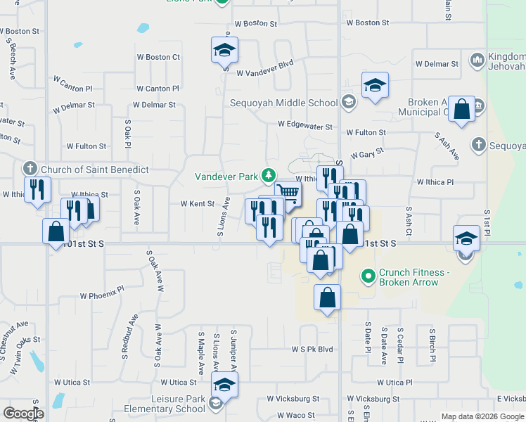 map of restaurants, bars, coffee shops, grocery stores, and more near 3102 South Juniper Avenue in Broken Arrow