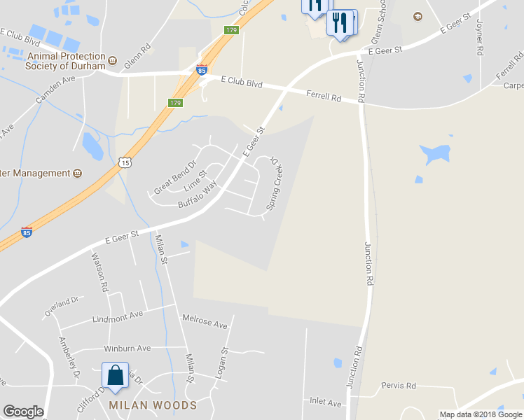 map of restaurants, bars, coffee shops, grocery stores, and more near 2011 Spring Creek Drive in Durham