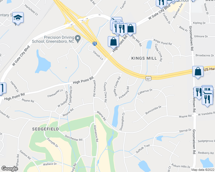 map of restaurants, bars, coffee shops, grocery stores, and more near 2815 County Clare Road in Greensboro