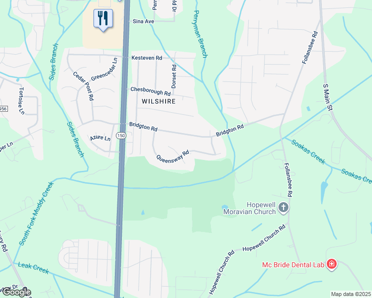 map of restaurants, bars, coffee shops, grocery stores, and more near 5111 Queensway Road in Winston-Salem