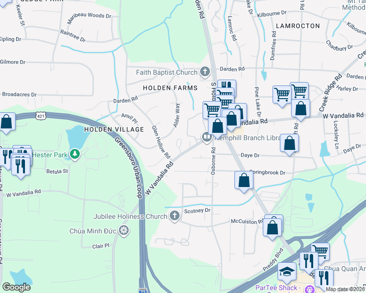 map of restaurants, bars, coffee shops, grocery stores, and more near 2326 West Vandalia Road in Greensboro