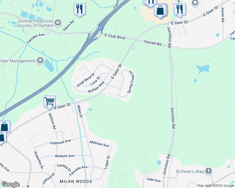 map of restaurants, bars, coffee shops, grocery stores, and more near 1915 Spring Creek Drive in Durham