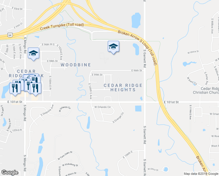 map of restaurants, bars, coffee shops, grocery stores, and more near 9930 South 108th East Avenue in Tulsa