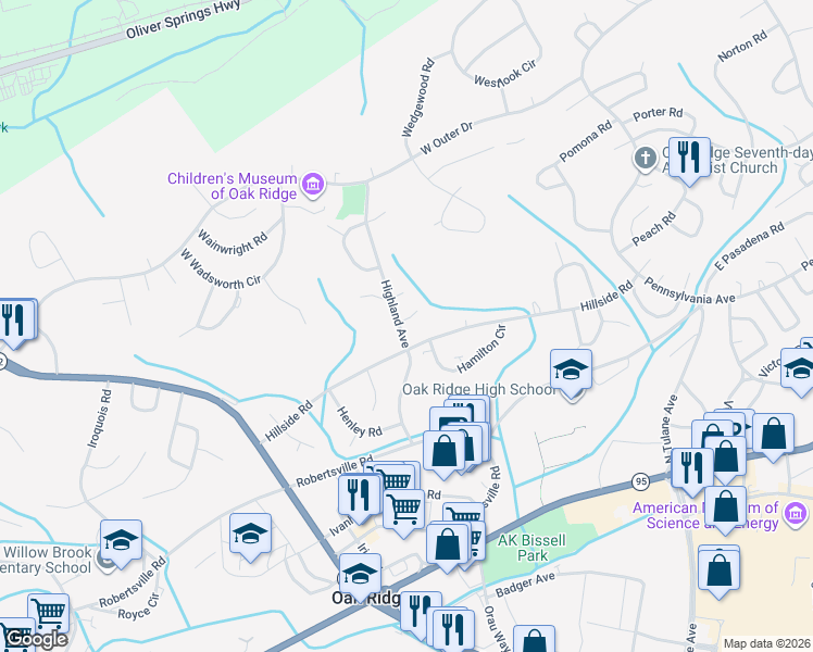map of restaurants, bars, coffee shops, grocery stores, and more near 105 Howard Lane in Oak Ridge