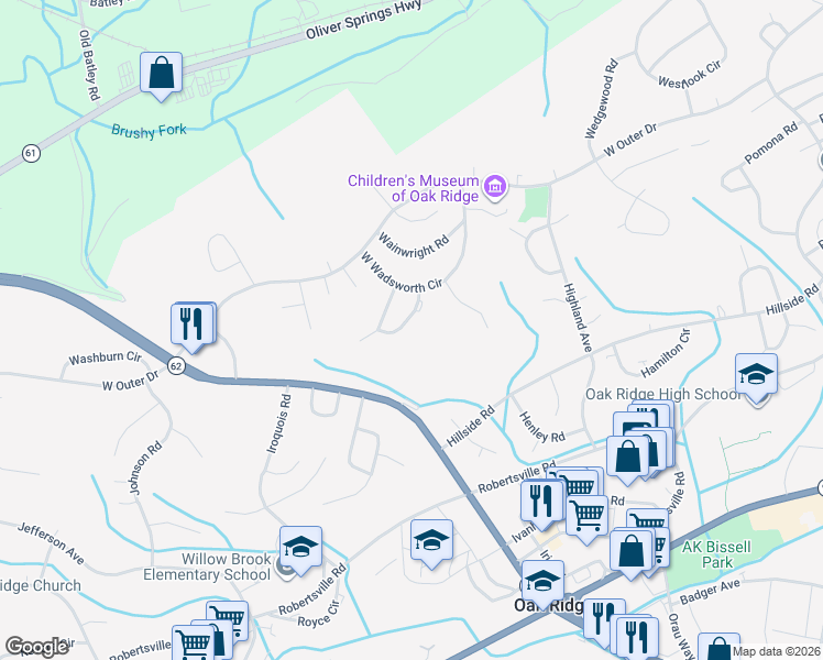 map of restaurants, bars, coffee shops, grocery stores, and more near 103 Wakefield Road in Oak Ridge