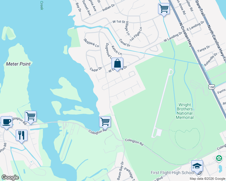 map of restaurants, bars, coffee shops, grocery stores, and more near 1301 West 1st Street in Kill Devil Hills