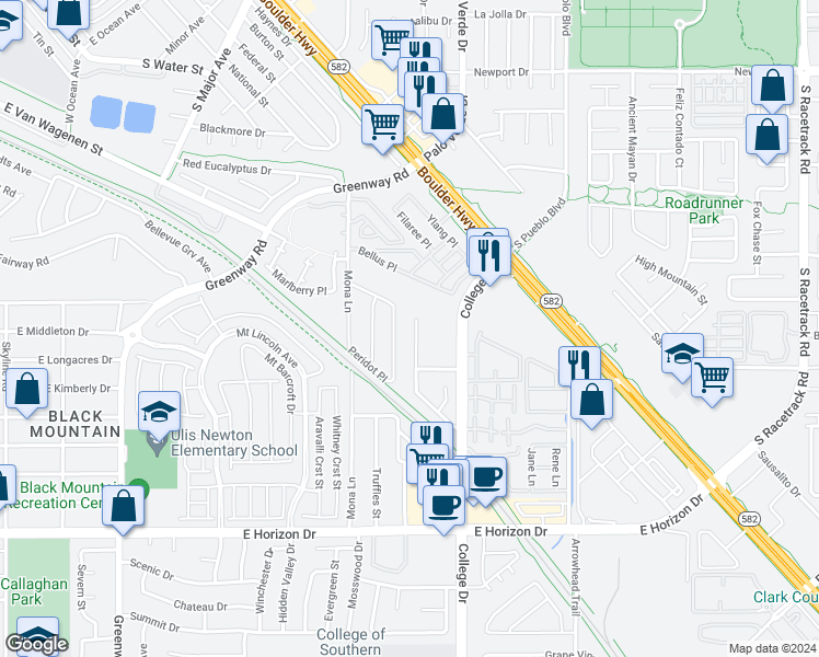 map of restaurants, bars, coffee shops, grocery stores, and more near 509 Landra Lane in Henderson