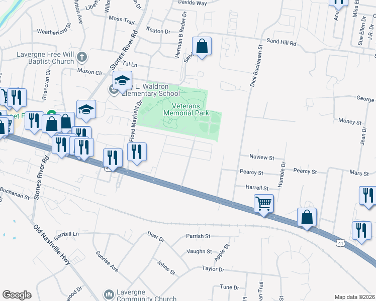 map of restaurants, bars, coffee shops, grocery stores, and more near 3135 George Buchanan in La Vergne