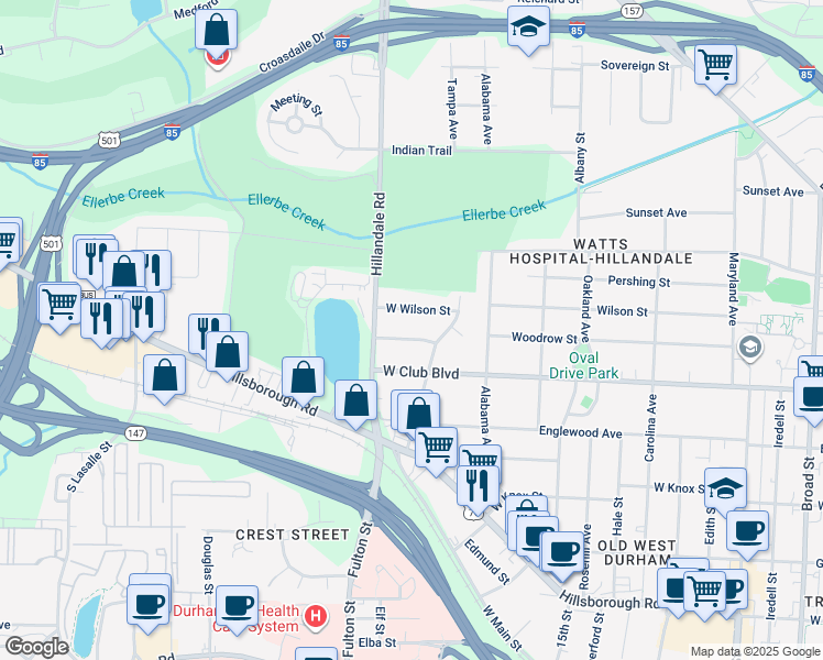 map of restaurants, bars, coffee shops, grocery stores, and more near 2510 West Woodrow Street in Durham