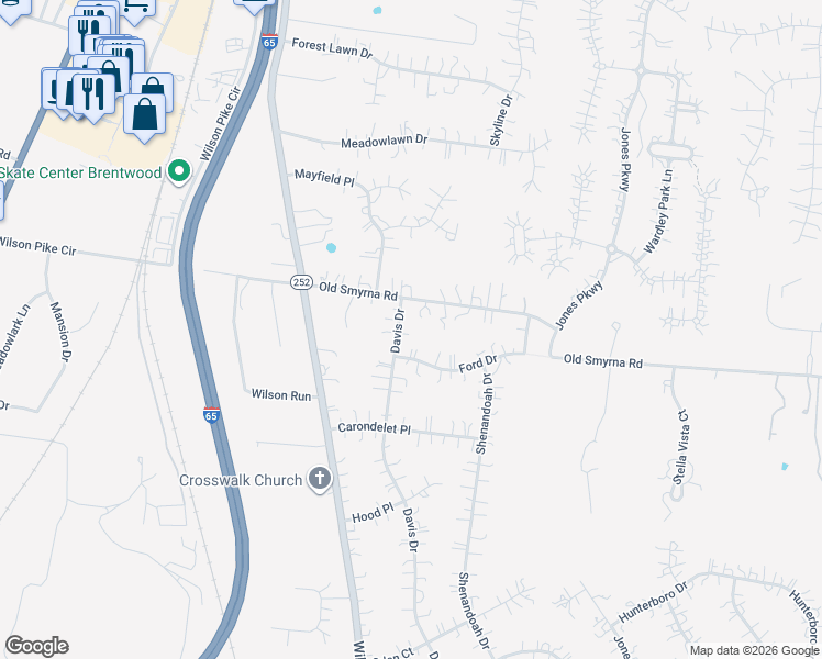 map of restaurants, bars, coffee shops, grocery stores, and more near 9017 Old Smyrna Road in Brentwood
