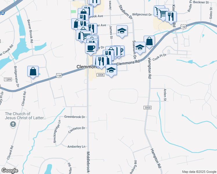 map of restaurants, bars, coffee shops, grocery stores, and more near 6285 Arden Circle in Clemmons