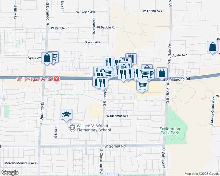 map of restaurants, bars, coffee shops, grocery stores, and more near 9350 South Cimarron Road in Las Vegas