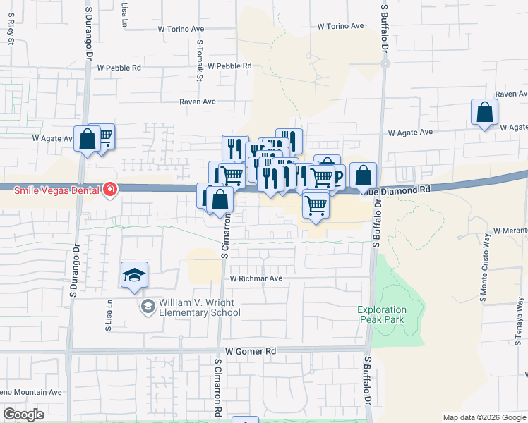map of restaurants, bars, coffee shops, grocery stores, and more near 9350 South Cimarron Road in Las Vegas