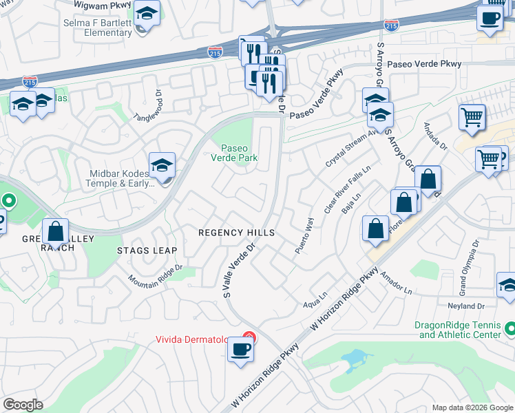 map of restaurants, bars, coffee shops, grocery stores, and more near 271 Cattlebaron Terrace in Henderson