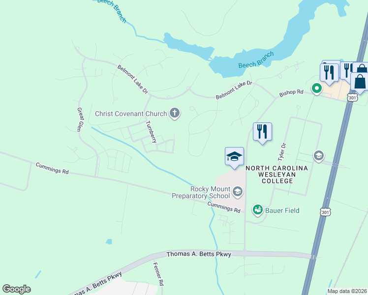 map of restaurants, bars, coffee shops, grocery stores, and more near 55 Eltham in Rocky Mount