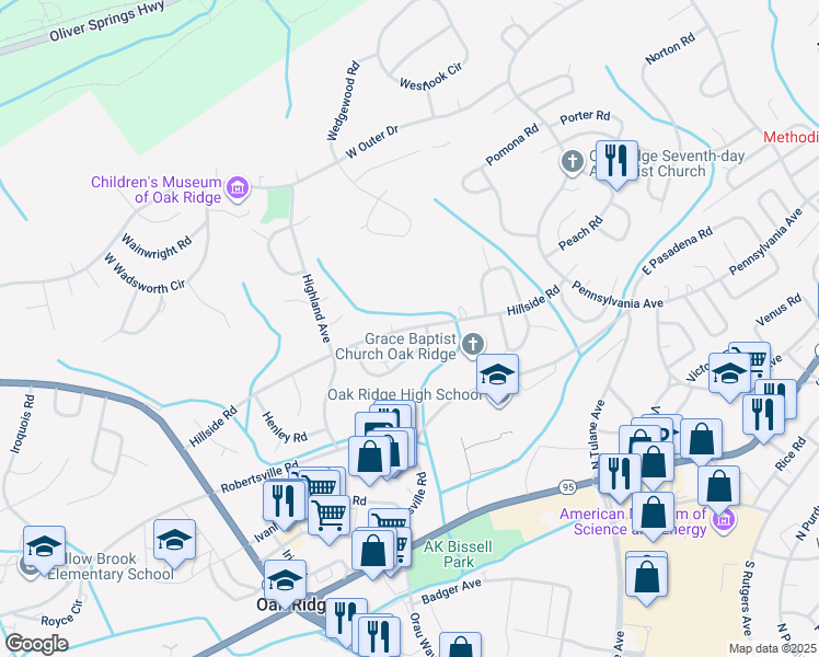 map of restaurants, bars, coffee shops, grocery stores, and more near 168 Hillside Road in Oak Ridge