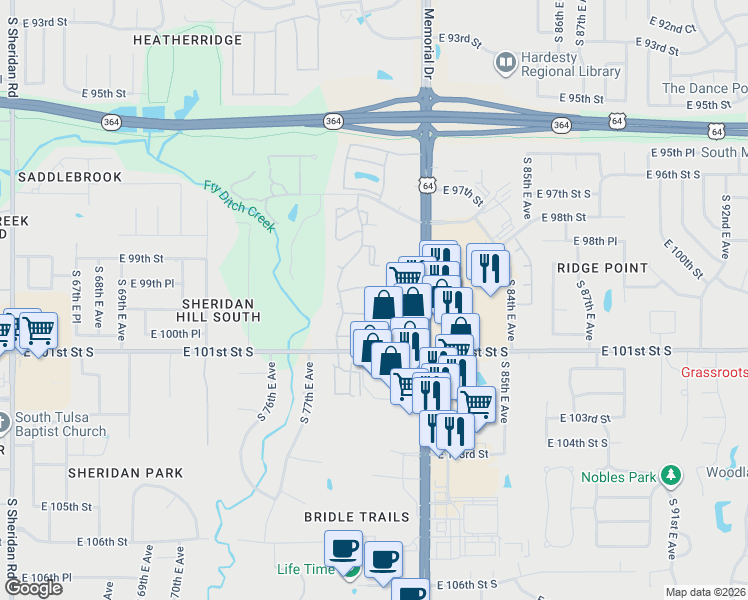 map of restaurants, bars, coffee shops, grocery stores, and more near 9944 South 79th East Avenue in Tulsa