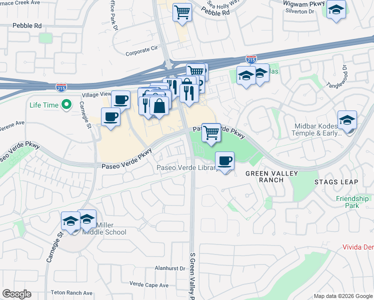 map of restaurants, bars, coffee shops, grocery stores, and more near 251 South Green Valley Parkway in Henderson