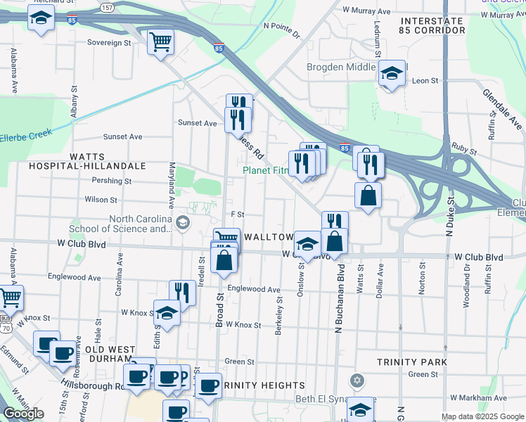 map of restaurants, bars, coffee shops, grocery stores, and more near 1606 F Street in Durham